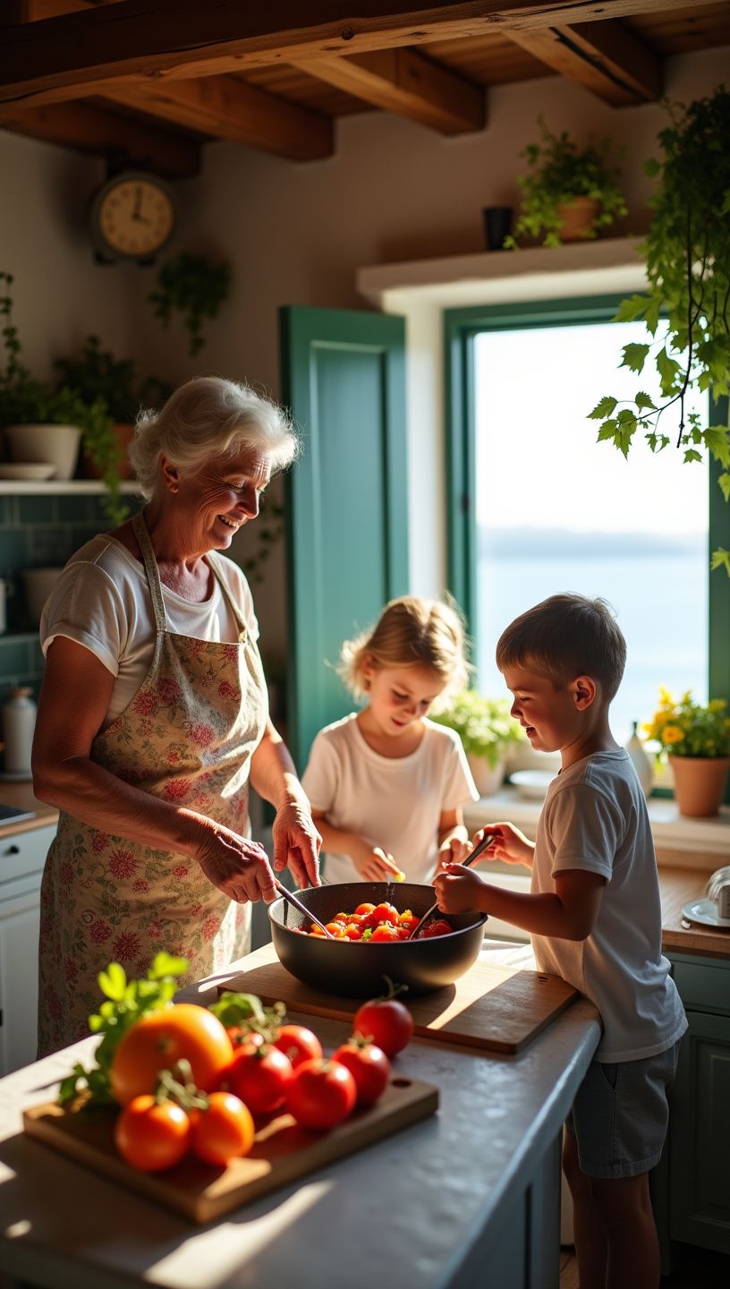 Εικόνα από την κουζίνα με φρέσκα ψάρια και παραδοσιακά υλικά γύρω.