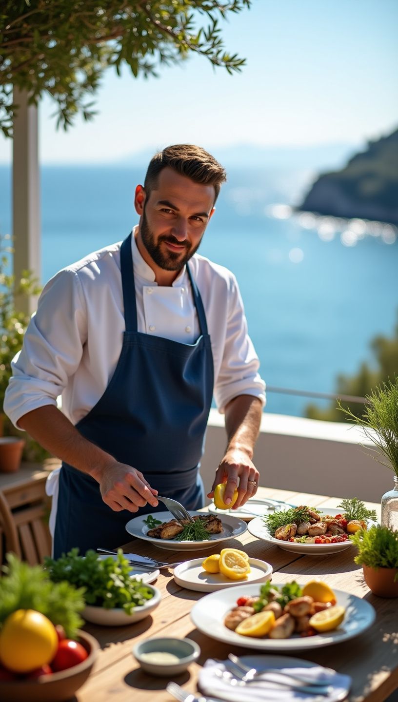 Προετοιμασία φαγητού με ψάρι και φρέσκα λαχανικά σε παραθαλάσσιο εστιατόριο.